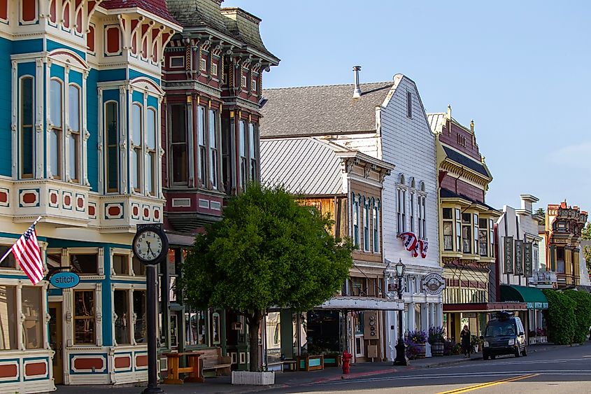 Storefronts line Main Street in the historic Victorian Village of Ferndale