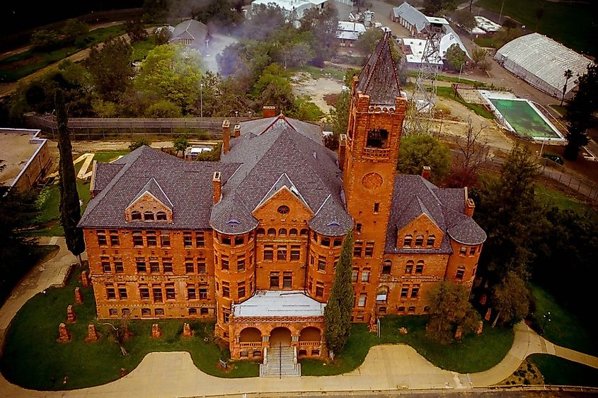 Aerial view of Preston Castle in Ione, California.