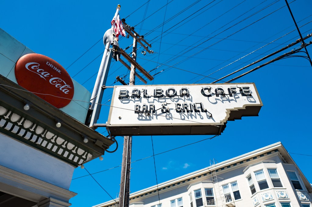 Balboa Cafe Bar & Grill signage in the Cow Hollow neighborhood of San Francisco.