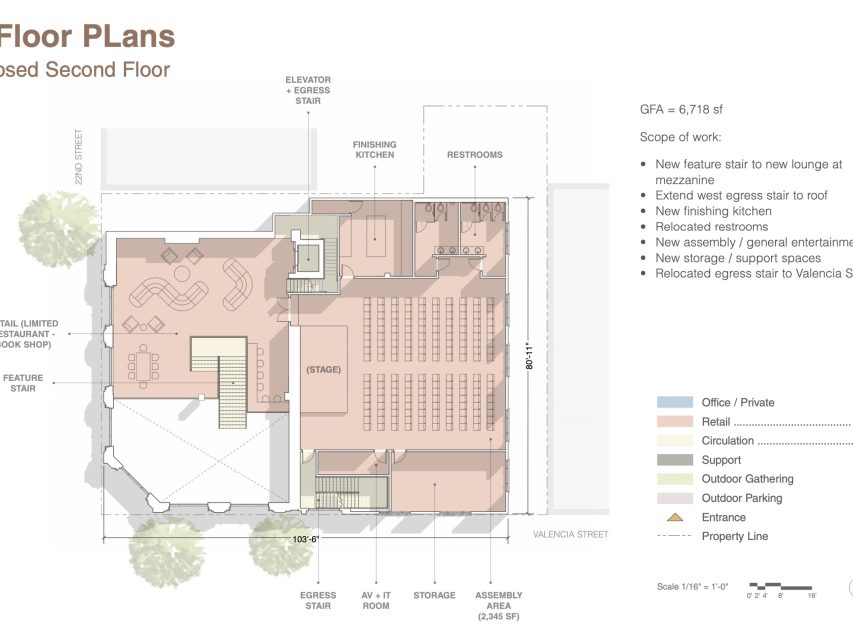 Second floor architectural plan showing seating, stage, kitchen, restrooms, office, and new stairs, with labeled areas for support, gathering, and access points.