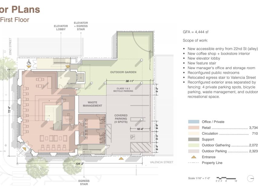 First floor plan showing office, circulation, waste management, bike parking, new lobby, garden, public restrooms, parking, and adjoining outdoor spaces with labeled dimensions.