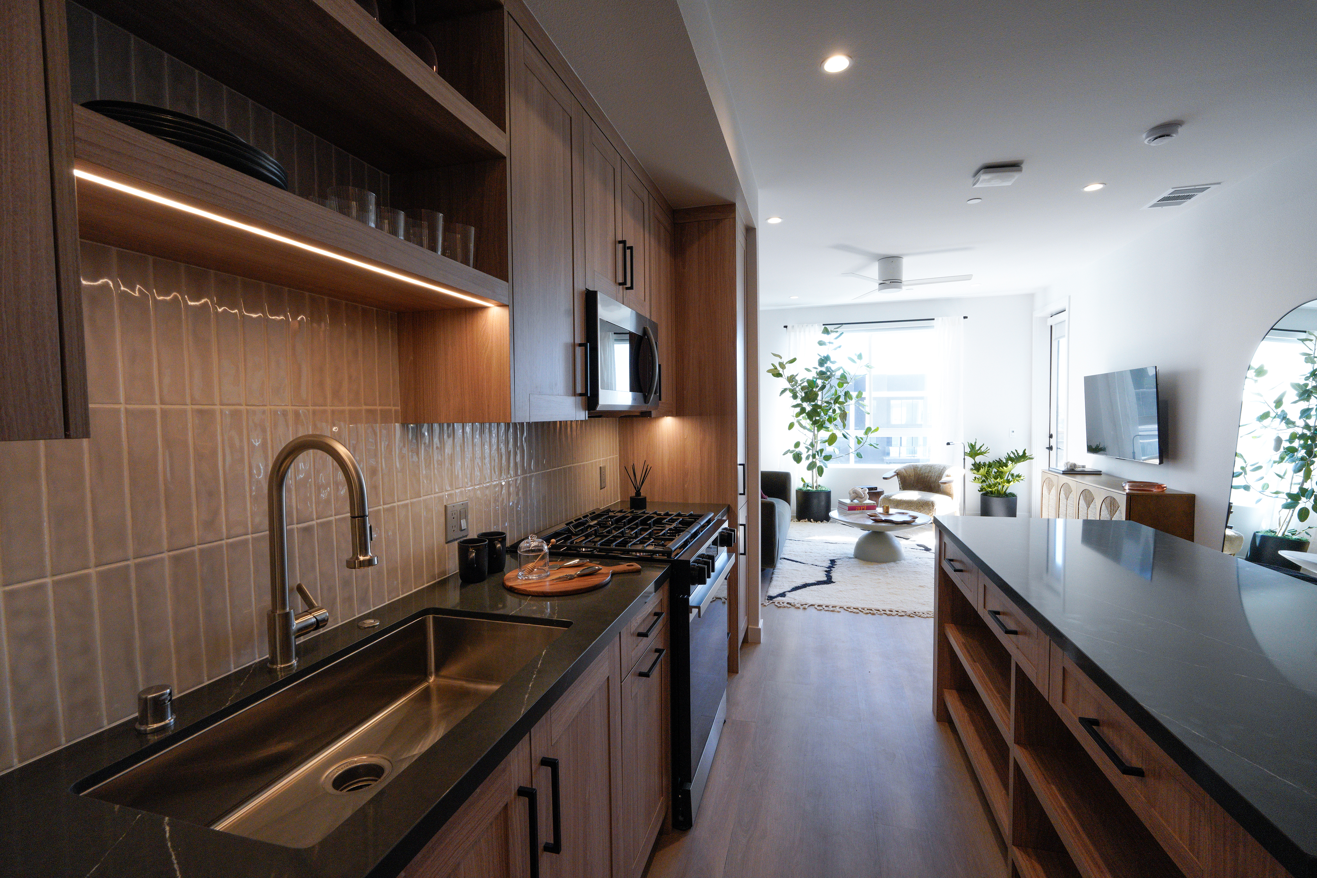 A kitchen in an apartment at the Alexan Camellia complex...