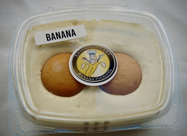 A tub of classic banana pudding with vanilla wafers from Extraordinary Banana Pudding in La Mesa. (Extraordinary Banana Pudding)