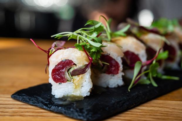 The Donnie Darko sushi roll at Temaki Bar: Handroll, Sushi, Sake in Encinitas, which will be serving a prix-fixe dinner for two on Valentine's Day. (Robert Reyes)