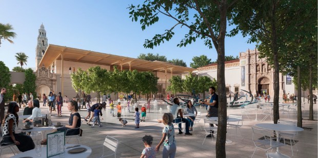 An artist's rendering of Foster + Partners' design concept for the San Diego Museum of Art's new west Wing (at center left). (Foster + Partners)