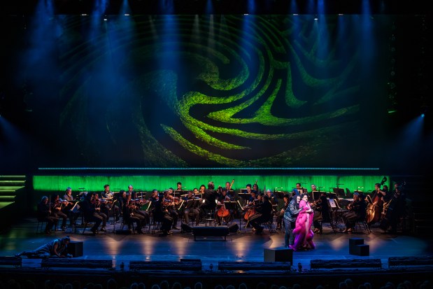 San Diego Opera's Principal Conductor Yves Abel conducts San Diego Symphony musicians onstage during a dress rehearsal for the company's 2024 production of "Don Giovanni" at the San Diego Civic Theatre. (Karli Cadel)