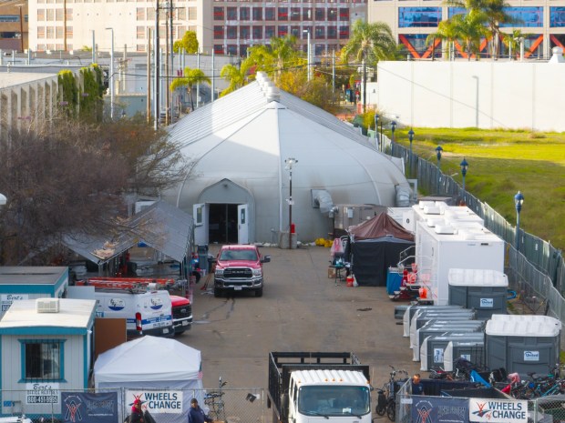During the flood on Thursday morning at the Bridge Shelter on Newton Avenue, residents were evacuated to the San Diego Municipal Gymnasium in Balboa Park. As of Friday the shelter remains closed. (Nelvin C. Cepeda / The San Diego Union-Tribune)