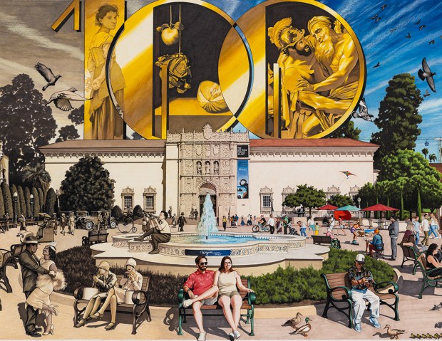 Detail from Wagner Humphreys' "Timeless," a color pencil and color marker on paper art piece celebrating San Diego Museum of Art's 100-year history. It's part of the museum's "Local Visions: Reimagining the Facade" exhibit opening Saturday. (Wagner Humphreys)