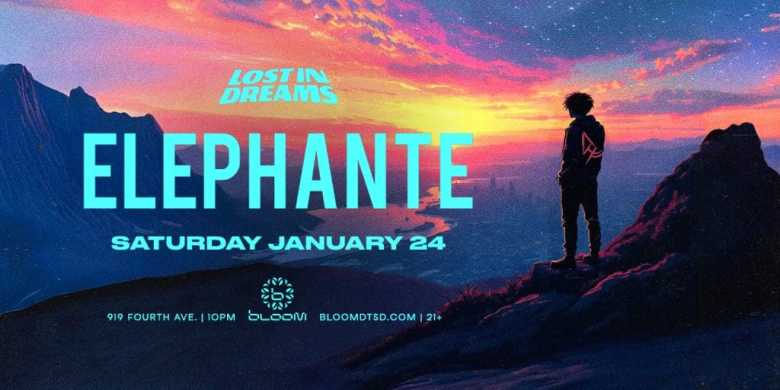 Poster advertising show by Elephante showing man standing on mountaintop looking at sunset