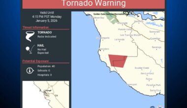 Part of San Mateo, Santa Cruz counties were briefly under tornado warning
