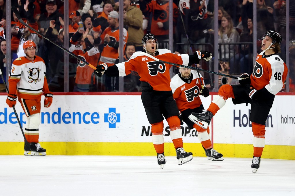 Trevor Zegras of the Philadelphia Flyers celebrates after scoring his second goal.