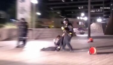 Video shows moment California protestor is hit in the face with a projectile by federal police officer
