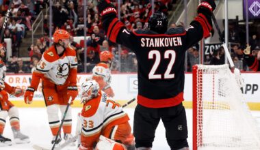 Chatfield scores 1st goal of season to help Hurricanes to a 5-2 win over the Ducks