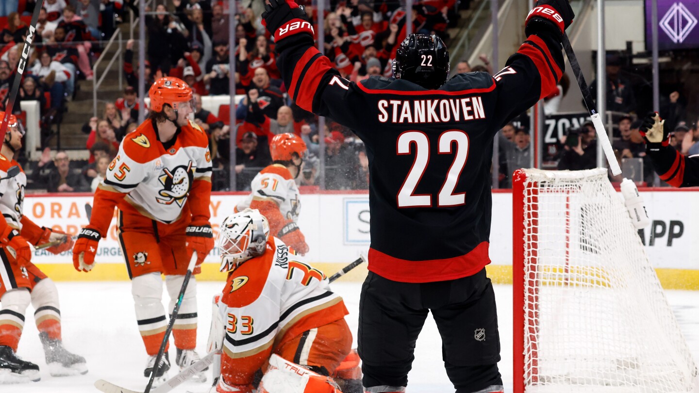 Chatfield scores 1st goal of season to help Hurricanes to a 5-2 win over the Ducks