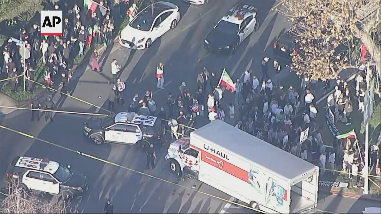 U-Haul truck speeds through Los Angeles march supporting Iranian people