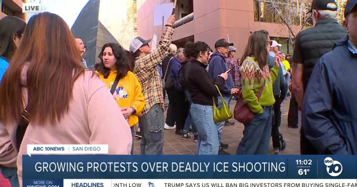 Anti-ICE protest gathers outside downtown San Diego federal building