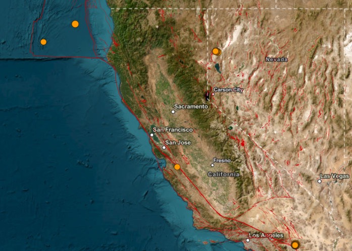 Map showing 14 earthquakes of magnitude 2.5 or greater in California and nearby areas over the last 24 hours.