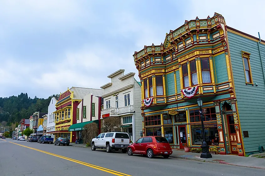 Storefronts line the Ferndale Main Street Historic District in Ferndale, California.