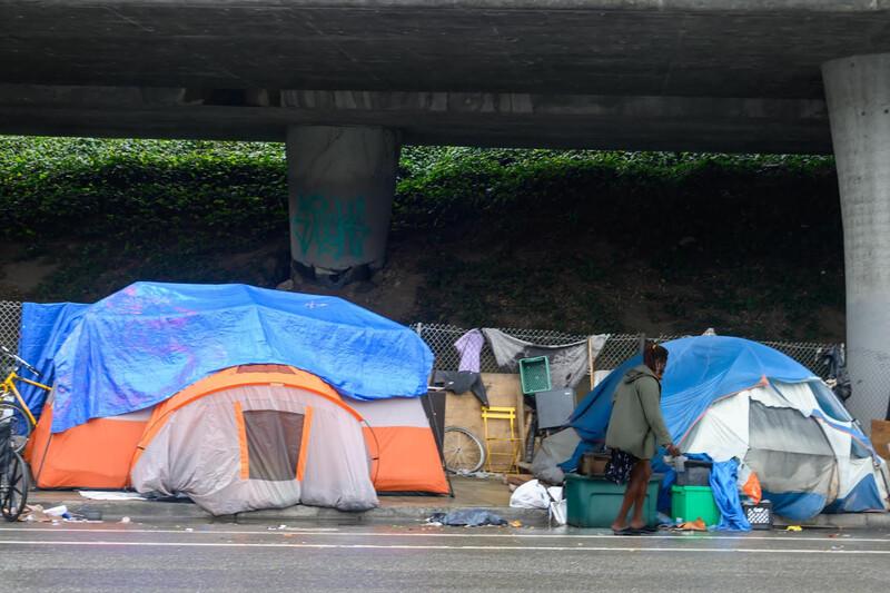 A person walks in front of two tarp-covered tents under a freeway.