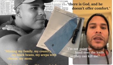 A collage features a man in two separate photos, a document with a knife, text captions about sacrifice, family, and resilience, and references to God and hardship.