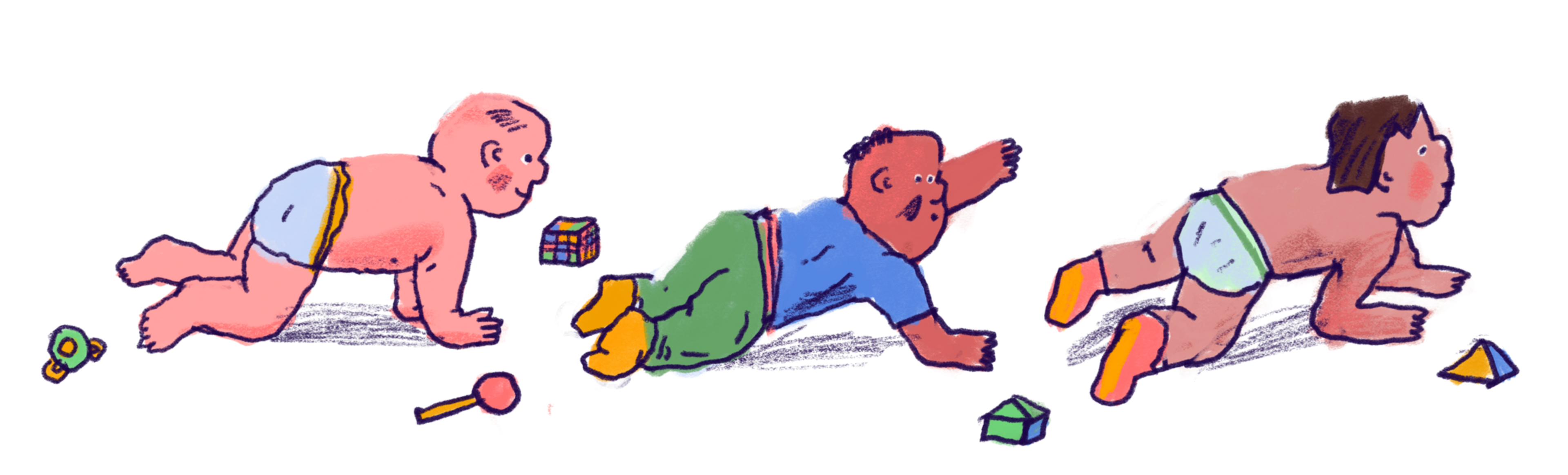 Three babies in diapers are crawling, each surrounded by colorful toys including a pacifier, rattle, Rubik’s cube, and blocks.