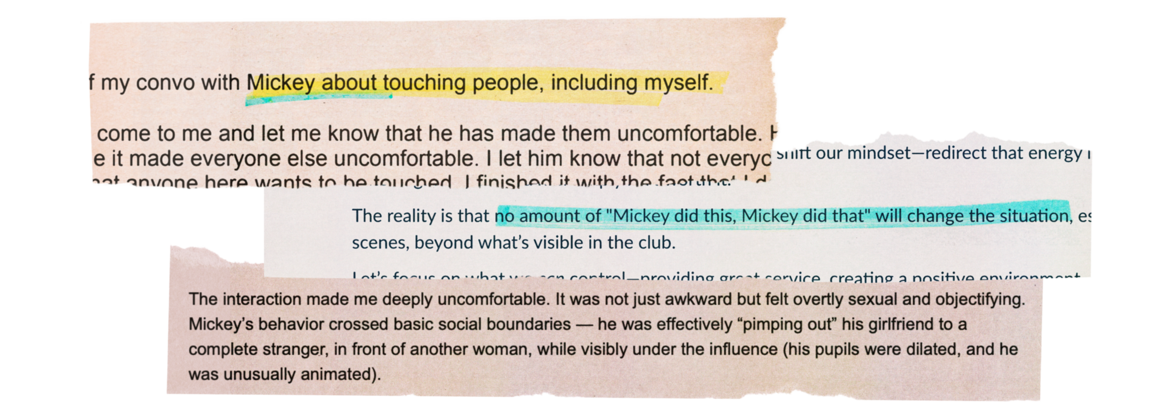 The text discusses discomfort with Mickey’s inappropriate touching, his crossing social boundaries, and how labeling him won’t change the situation.