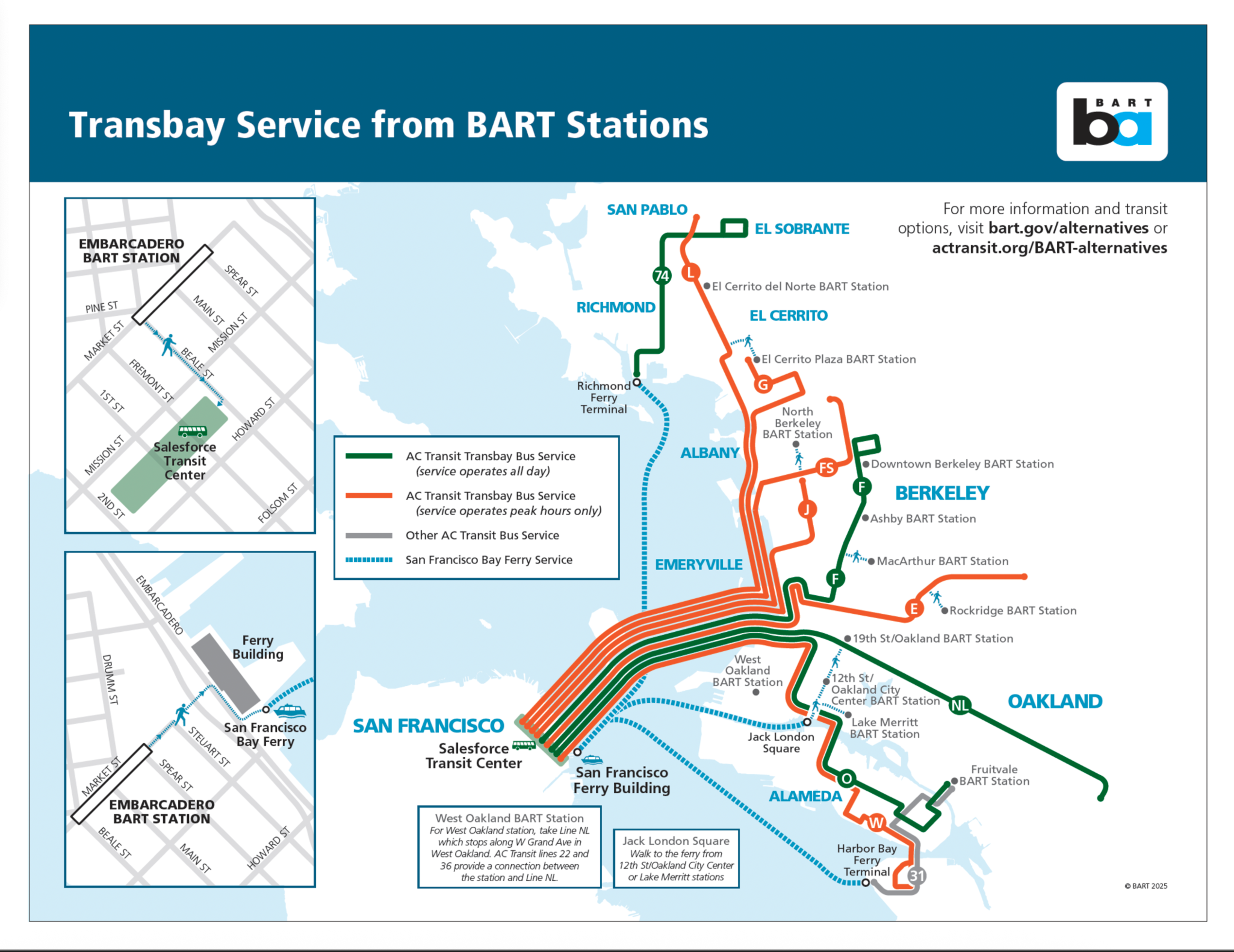Bus and ferry routes connect BART stations in San Francisco, Berkeley, Oakland, and Richmond with transbay service operating all day or peak hours.