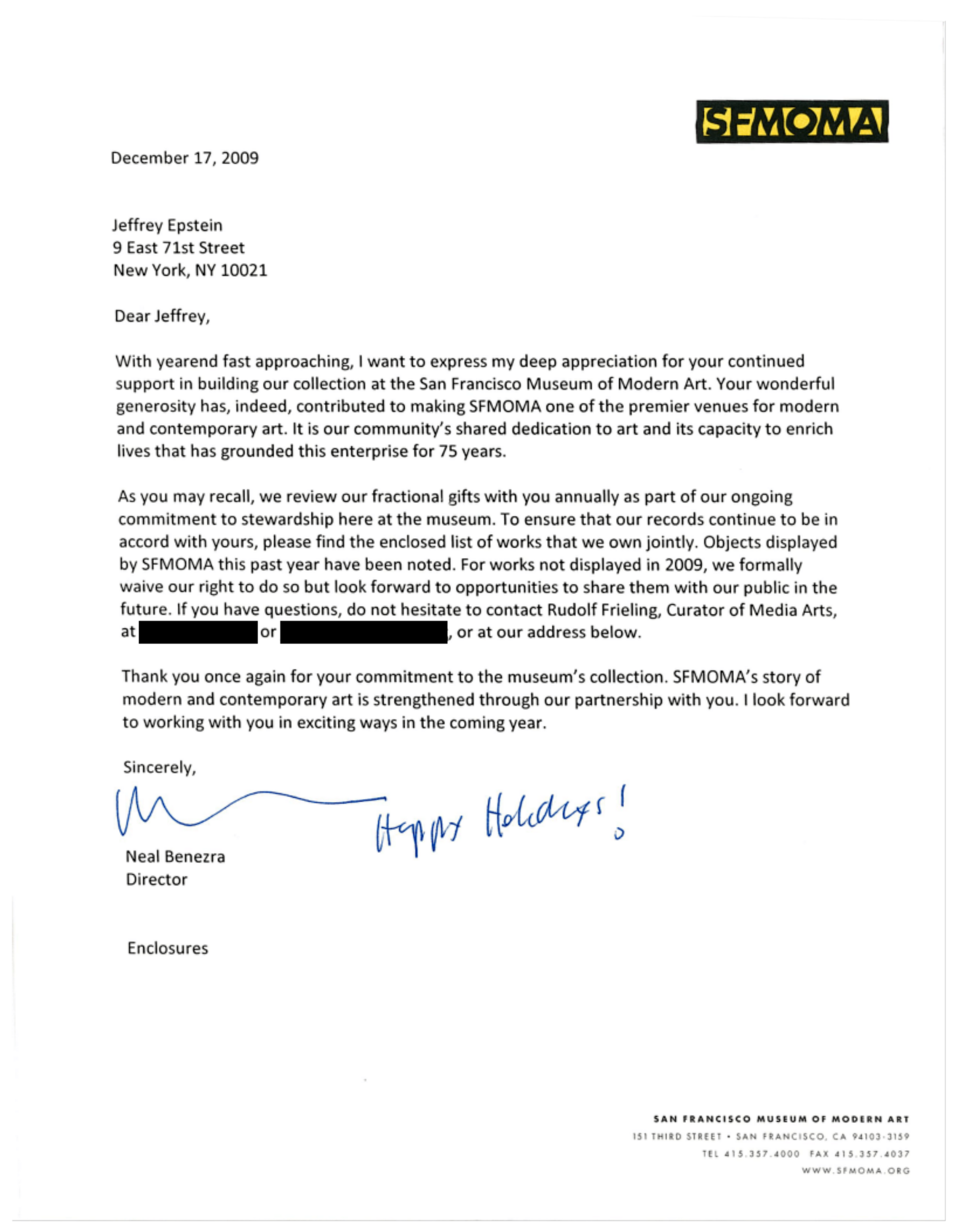 A letter dated December 17, 2009, from Neal Benezra, Director of SFMOMA, thanks Jeffrey Epstein for his support and updates on fractional ownership of art pieces.