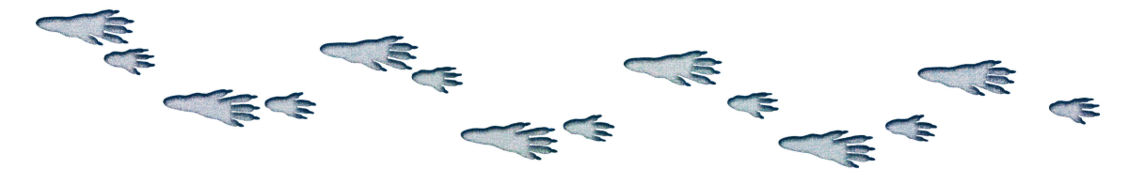Multiple blue handprints in various sizes are scattered on a black background, flying or floating diagonally from bottom left to top right.