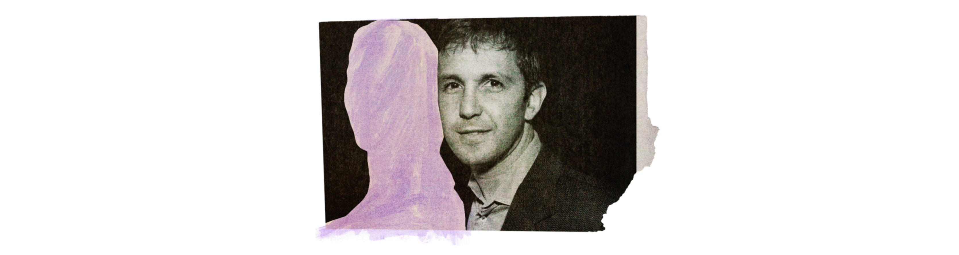A black-and-white photo of a man in a suit is partially covered by a painted purple silhouette obscuring the left side of the image.
