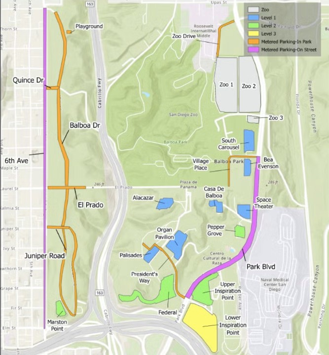 A map of Balboa Park showing color-coded parking lots according to the city's new fee system.