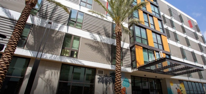 A large structure with a metal awning and windows looms over palm trees which cast shadows on the building.