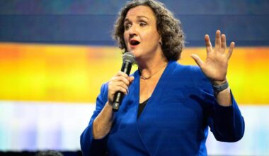 Former U.S. Rep. Katie Porter, a Democratic candidate for governor, speaks during a California Chamber of Commerce gubernatorial panel discussion at the SAFE Credit Union Convention Center in Sacramento on June 4.