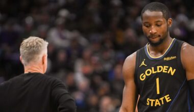 Nov 5, 2025; Sacramento, California, USA; Golden State Warriors forward Jonathan Kuminga (1) walks off the court after being removed from the game during the fourth quarter of the game against the Sacramento Kings at Golden 1 Center. Mandatory Credit: Ed Szczepanski-Imagn Images