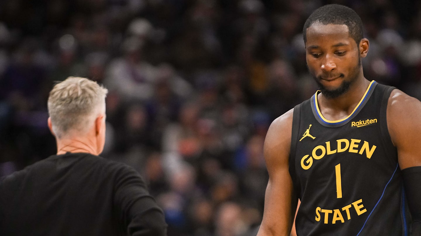 Nov 5, 2025; Sacramento, California, USA; Golden State Warriors forward Jonathan Kuminga (1) walks off the court after being removed from the game during the fourth quarter of the game against the Sacramento Kings at Golden 1 Center. Mandatory Credit: Ed Szczepanski-Imagn Images
