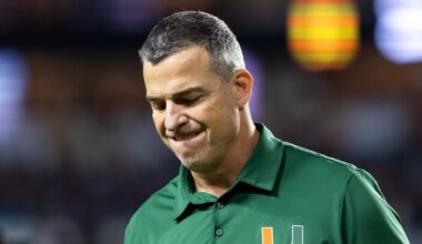 Jan 19, 2026; Miami Gardens, FL, USA; Miami Hurricanes head coach Mario Cristobal reacts against the Indiana Hoosiers during the College Football Playoff National Championship game at Hard Rock Stadium. Mandatory Credit: Mark J. Rebilas-Imagn Images