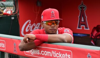 Mar 6, 2024; Tempe, Arizona, USA;  Los Angeles Angels outfielder Nelson Rada (75) looks on prior to a spring training game against the Oakland Athletics at Tempe Diablo Stadium. Mandatory Credit: Matt Kartozian-Imagn Images