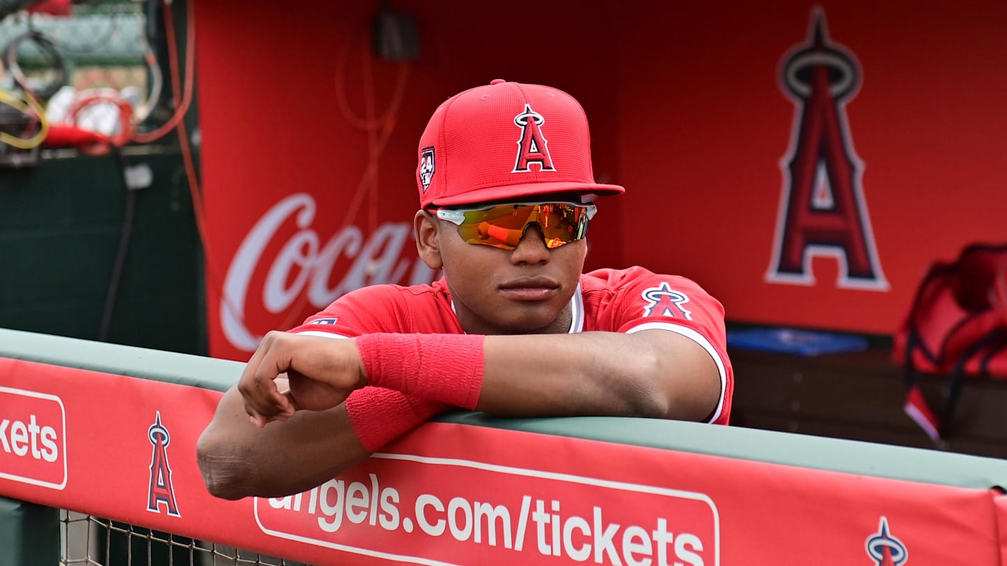 Mar 6, 2024; Tempe, Arizona, USA;  Los Angeles Angels outfielder Nelson Rada (75) looks on prior to a spring training game against the Oakland Athletics at Tempe Diablo Stadium. Mandatory Credit: Matt Kartozian-Imagn Images
