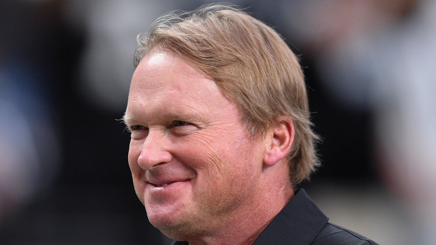 Aug 14, 2021; Paradise, Nevada, USA; Las Vegas Raiders manager Jon Gruden looks on before the game Seattle Seahawks at Allegiant Stadium. Mandatory Credit: Orlando Ramirez-Imagn Images