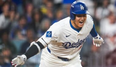 Los Angeles Dodgers designated hitter Shohei Ohtani (17) celebrates as he runs for first on an RBI single in the sixth inning of the MLB National League Wild Card Game 2 between the Los Angeles Dodgers and the Cincinnati Reds at Dodger Stadium in Los Angeles on Wednesday, Oct. 1, 2025. The Reds were eliminated from the postseason with an 8-4 loss to the reigning World Series Champions Dodgers.