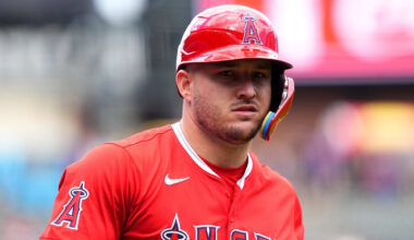 Sep 21, 2025; Denver, Colorado, USA; Los Angeles Angels designated hitter Mike Trout (27) before the game against the Colorado Rockies at Coors Field. Mandatory Credit: Ron Chenoy-Imagn Images