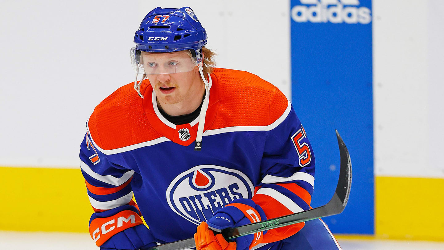 Edmonton Oilers forward James Hamblin (57) skates against the Anaheim Ducks at Rogers Place. Mandatory Credit: Perry Nelson-Imagn Images