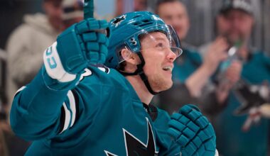 Jan 10, 2026; San Jose, California, USA; San Jose Sharks left wing Jeff Skinner (53) reacts after scoring a goal against the Dallas Stars during the second period at SAP Center at San Jose. Mandatory Credit: Robert Edwards-Imagn Images