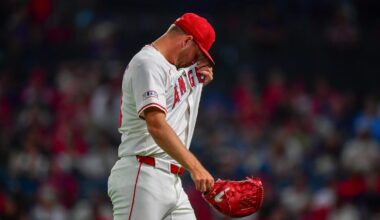 Jul 30, 2025; Anaheim, California, USA; Los Angeles Angels pitcher Reid Detmers (48) walks to the dugout after being relieved against the Texas Rangers during the eighth inning at Angel Stadium. Mandatory Credit: Gary A. Vasquez-Imagn Images