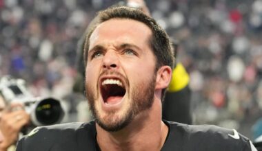 Dec 18, 2022; Paradise, Nevada, USA; Las Vegas Raiders quarterback Derek Carr (4) and Raiders head coach Josh McDaniels celebrate after the Raiders defeated the New England Patriots 30-24 at Allegiant Stadium. Mandatory Credit: Stephen R. Sylvanie-Imagn Images