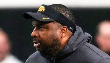 Iowa's running back coach Omar Young watches practice Thursday, April 3, 2025 in Iowa City, Iowa.