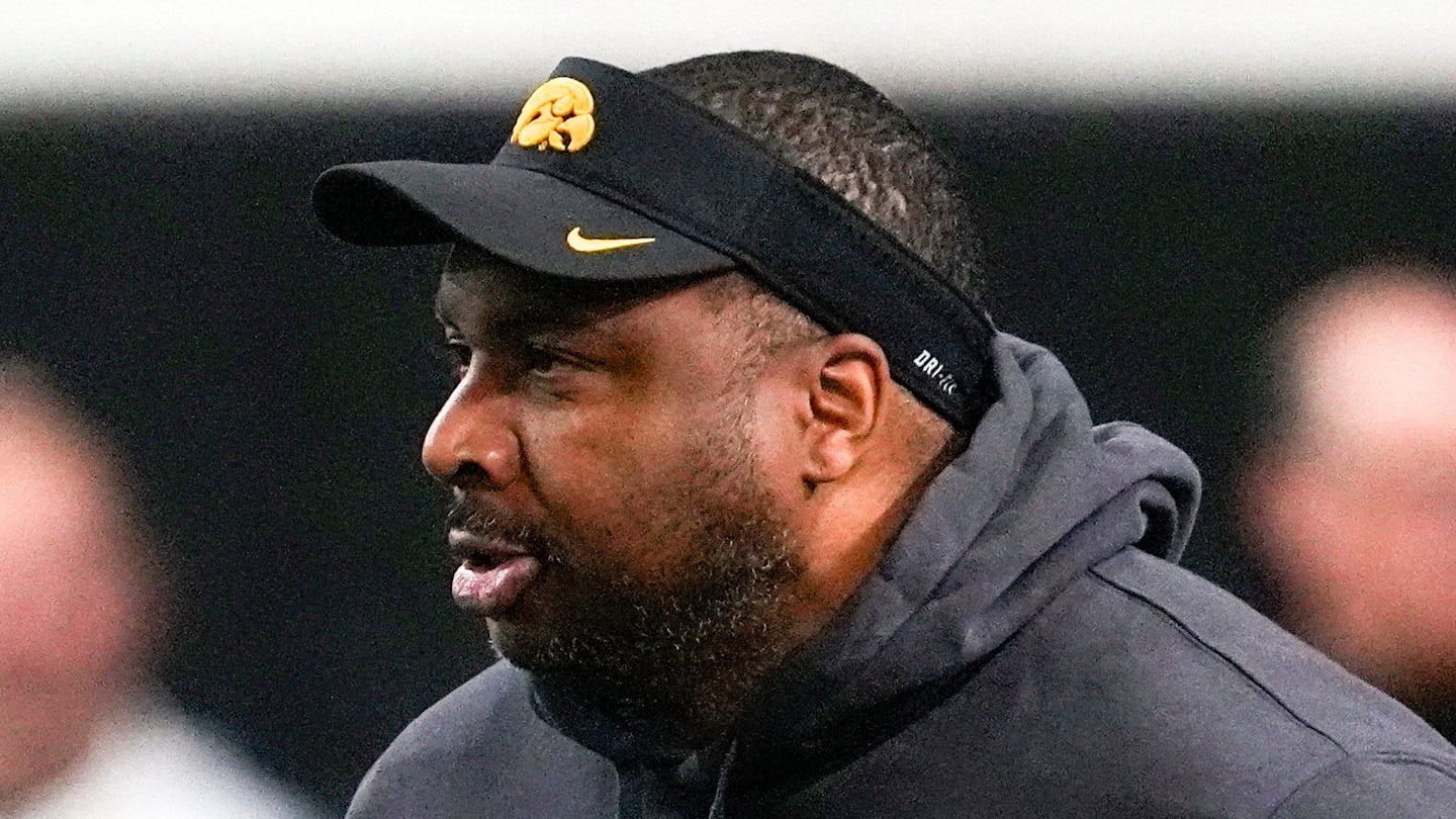 Iowa's running back coach Omar Young watches practice Thursday, April 3, 2025 in Iowa City, Iowa.