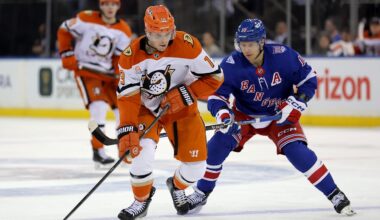 Dec 15, 2025; New York, New York, USA; Anaheim Ducks right wing Troy Terry (19) skates with the puck against New York Rangers left wing Artemi Panarin (10) during the third period at Madison Square Garden. Mandatory Credit: Brad Penner-Imagn Images