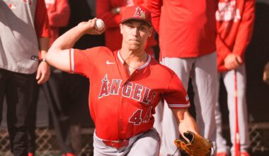 Feb 11, 2026; Tempe, AZ, USA;  Los Angeles Angels pitcher Ben Joyce during pitchers and catchers workouts at Tempe Diablo Stadium in Tempe Arizona. Mandatory Credit: Arianna Grainey-Imagn Images