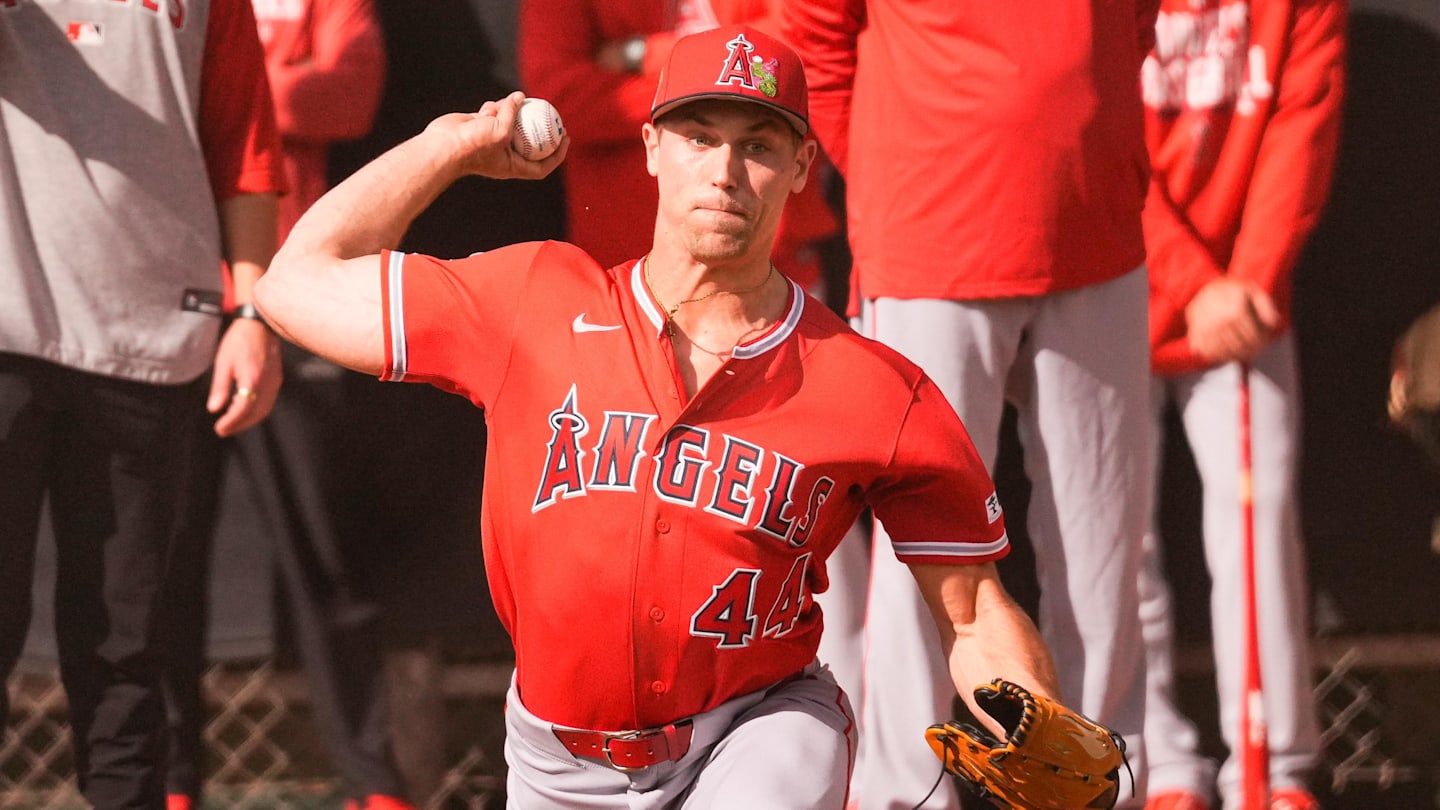 Feb 11, 2026; Tempe, AZ, USA;  Los Angeles Angels pitcher Ben Joyce during pitchers and catchers workouts at Tempe Diablo Stadium in Tempe Arizona. Mandatory Credit: Arianna Grainey-Imagn Images
